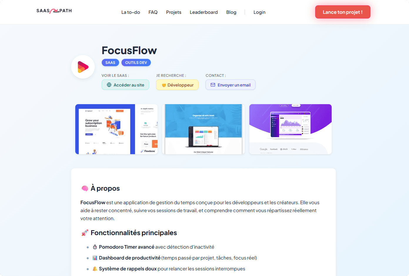 Aperçu d'une page projet SaaS Path